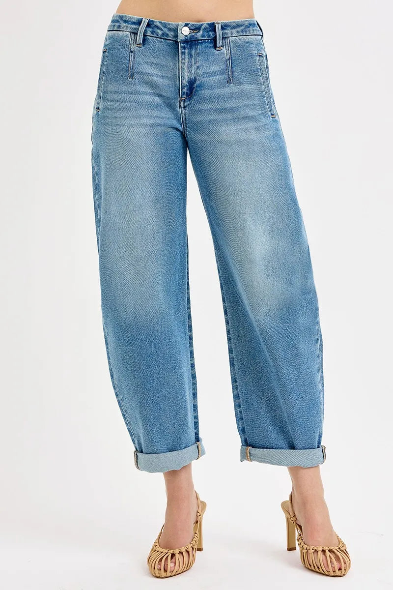 Mid Rise Barrel Roll Up Jeans