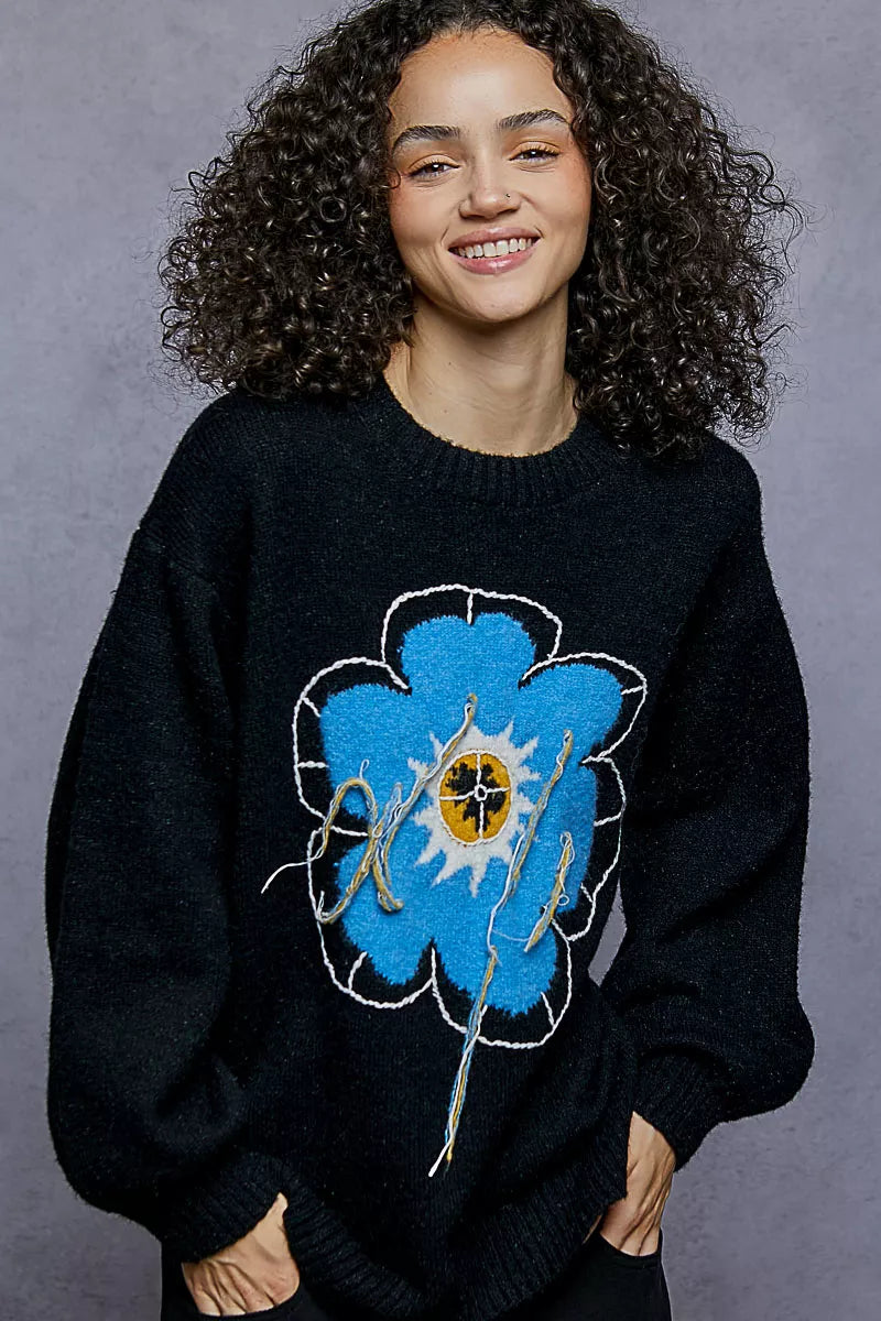 Floral Sweater with Exposed Stitching
