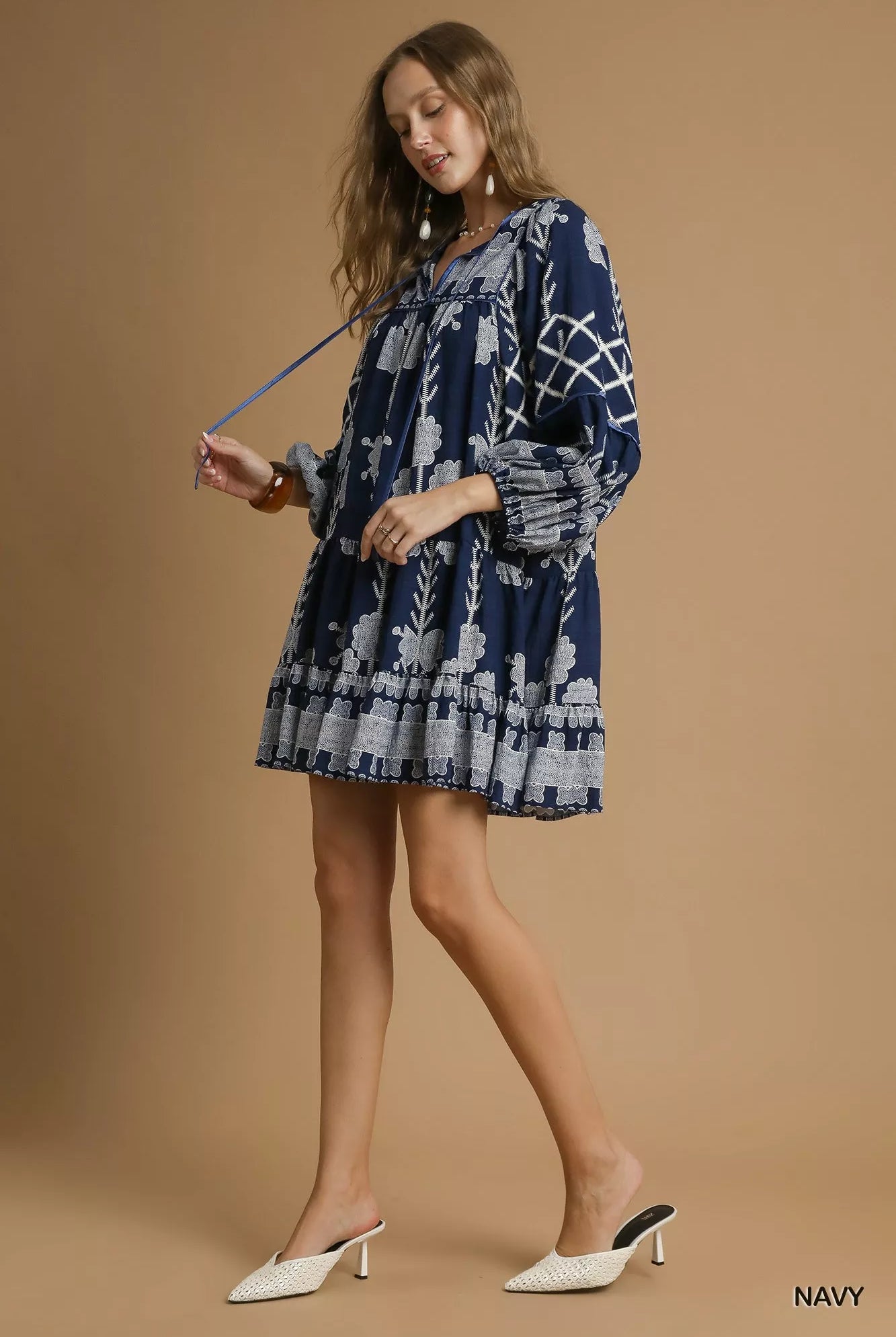 Tribal Print Dress with Tie Neck