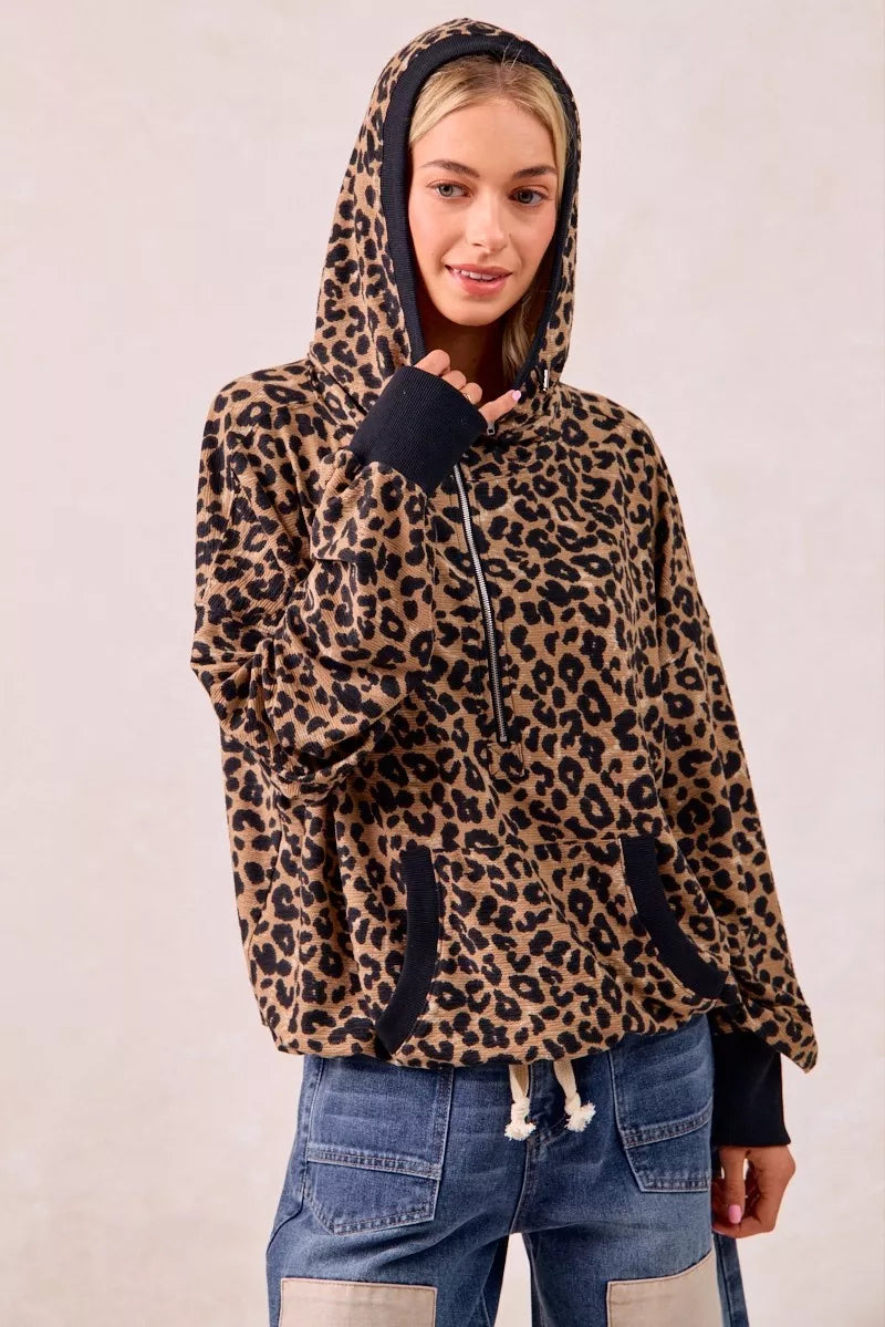BiBi Leopard Print Waffle Half Zip Up Hoodie W Pocket