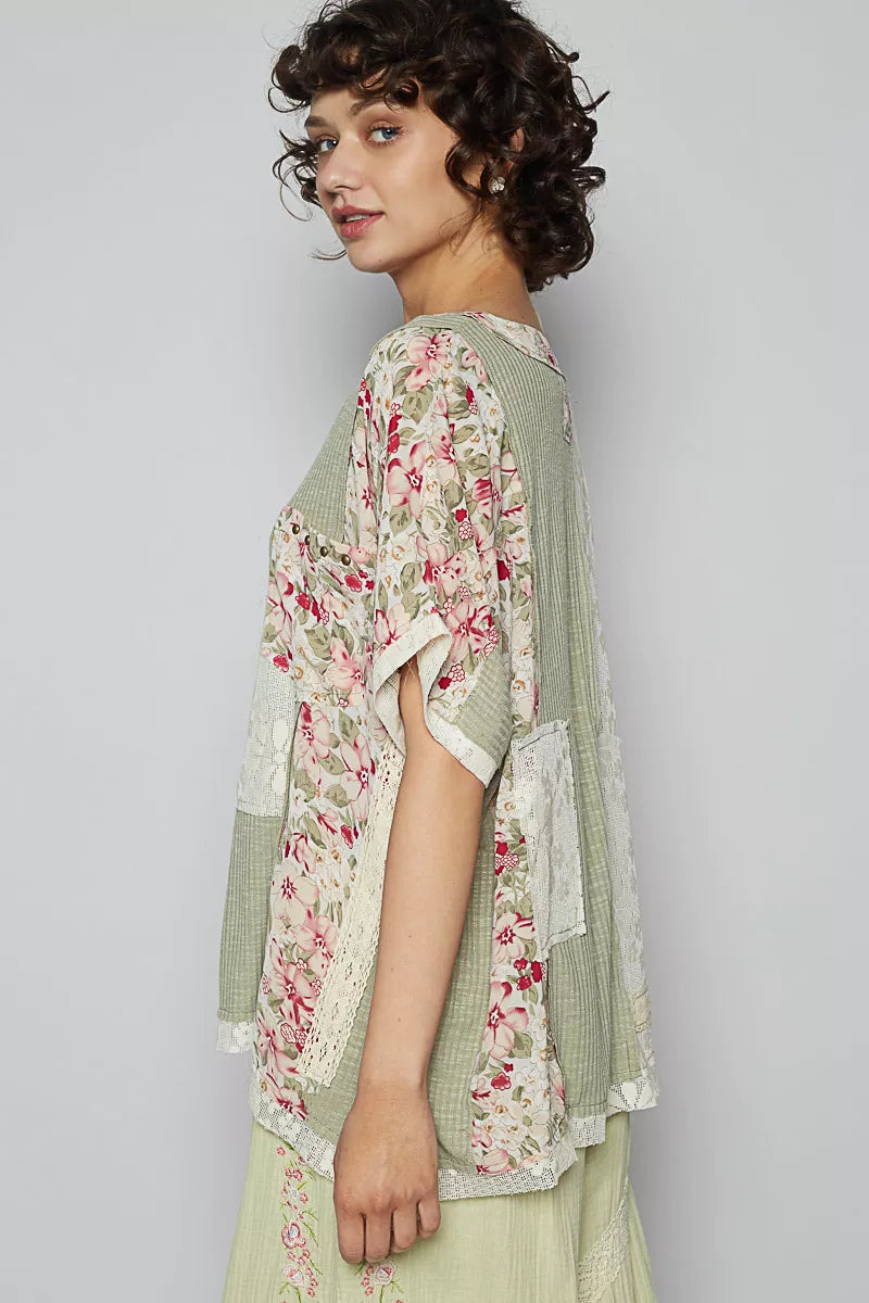 Lace Floral Pattern Top with Patch Detail