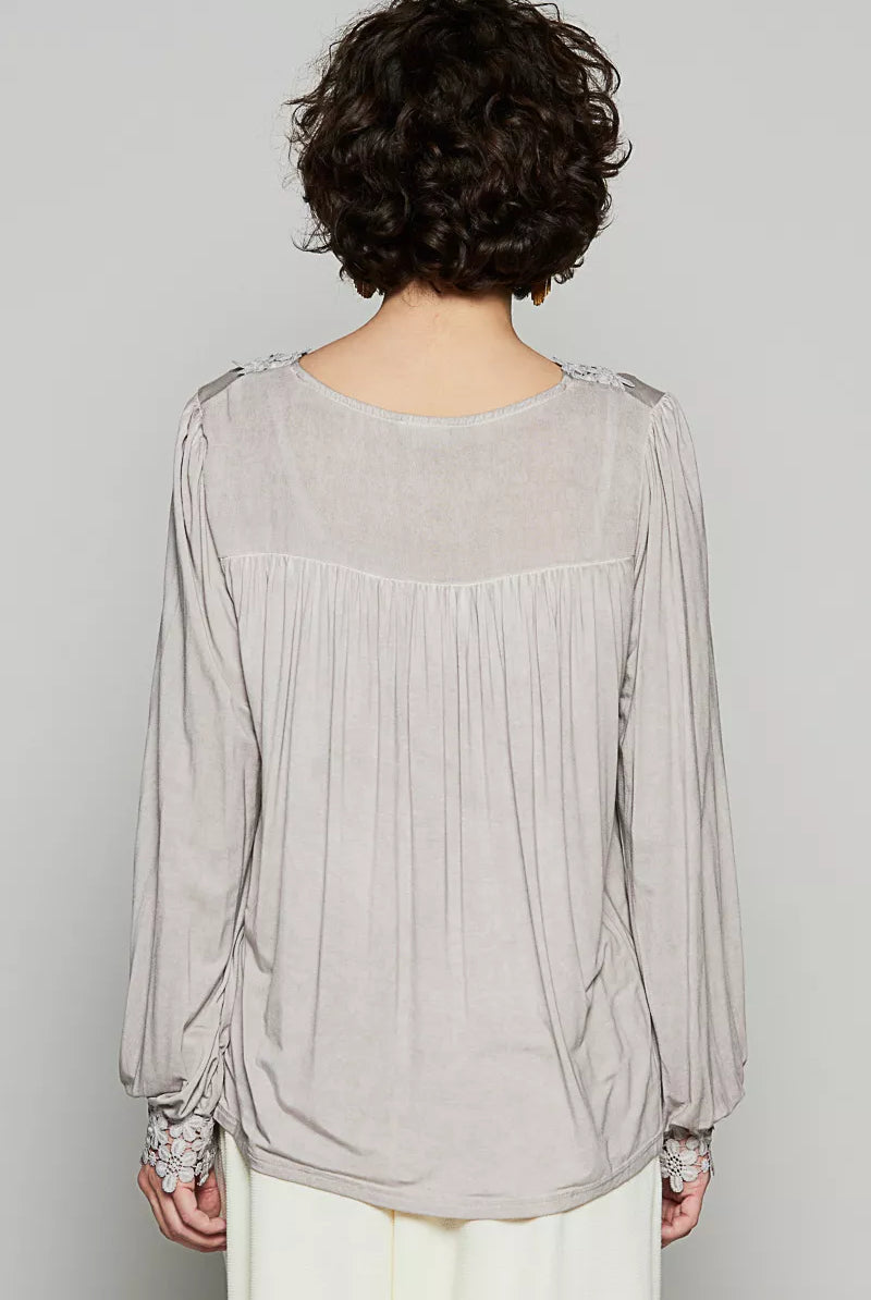 Floral Embroidery Woven Top with Lace Trim