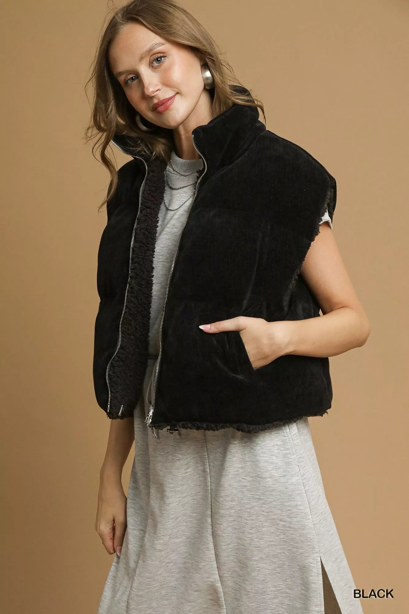Sherpa-Lined Zip Vest with Drawstring Hem