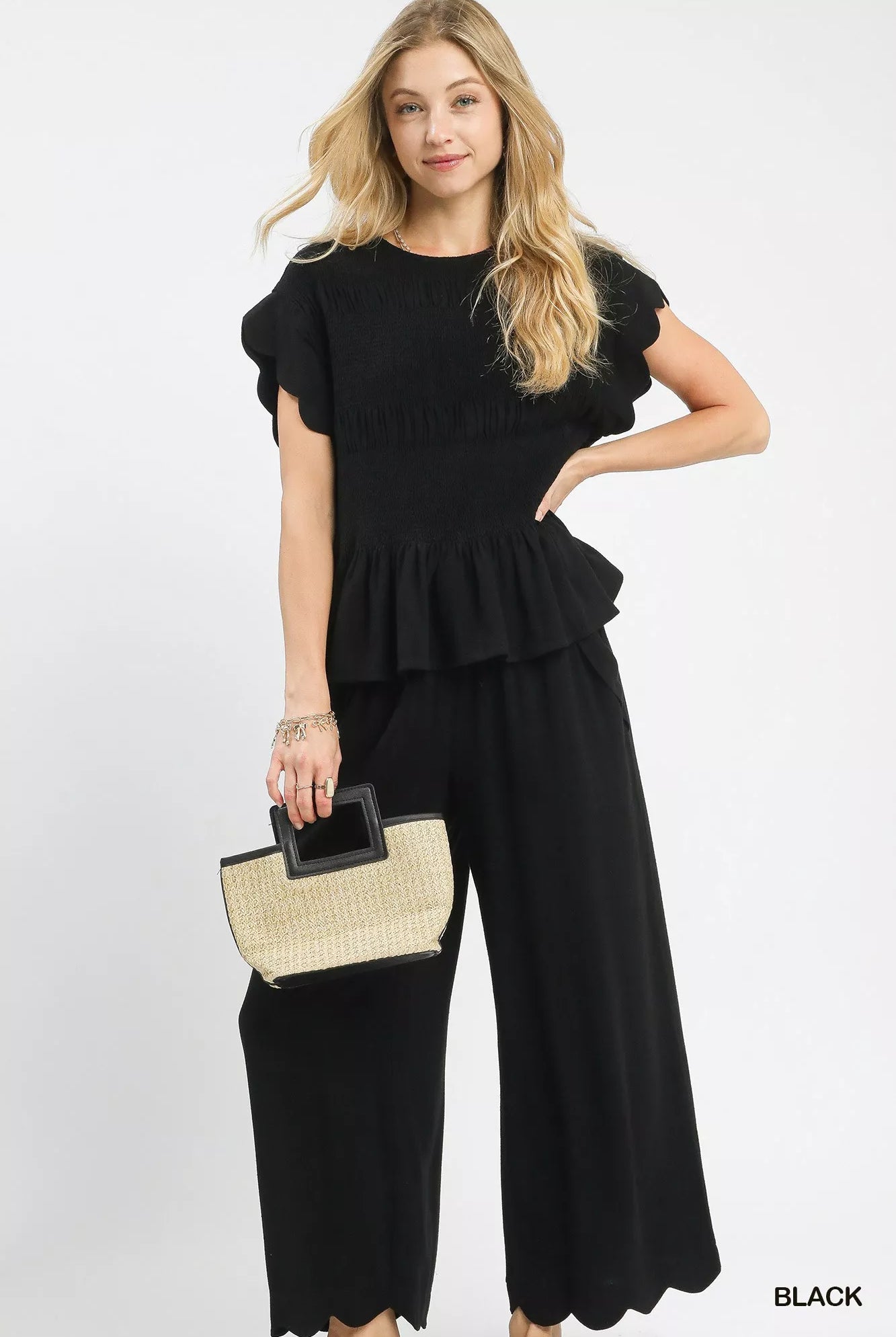 Linen Blend Smocked Peplum Blouse