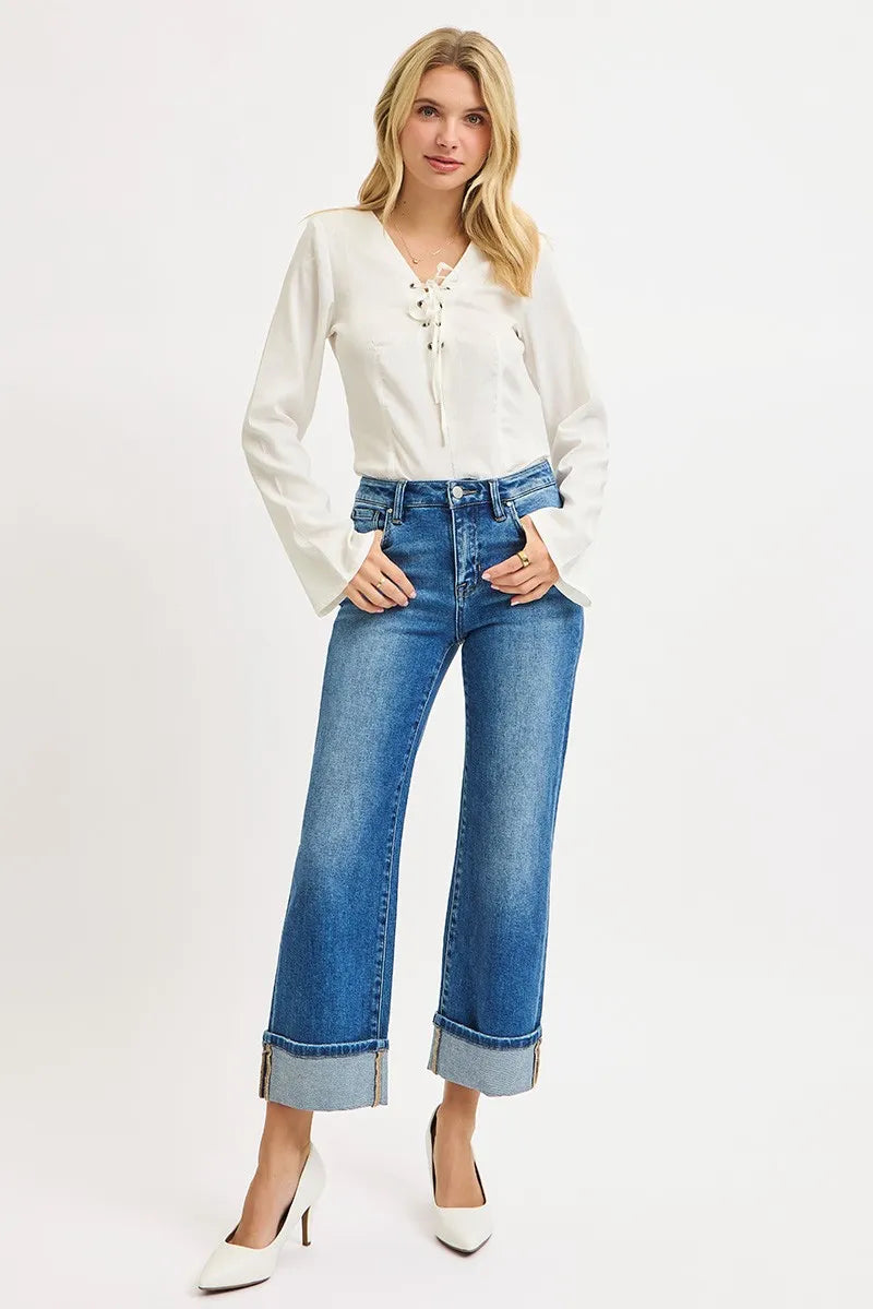 Mid Rise Crop Straight Cuffed Jeans
