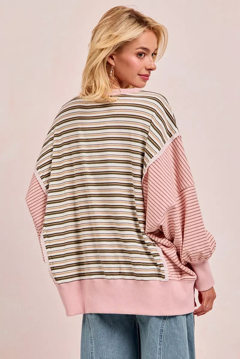 Striped Top With Cut Edge And Reverse Outseam
