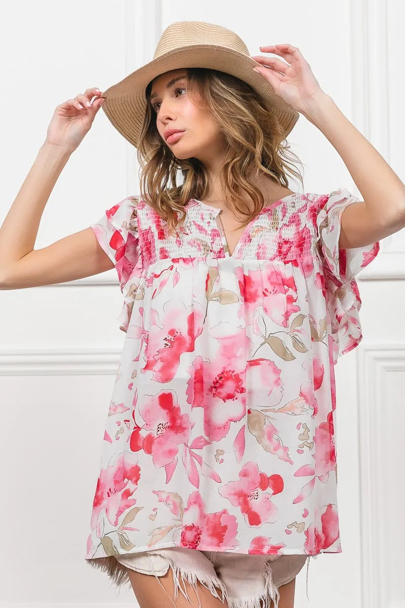 Floral Print Flutter Sheer Top