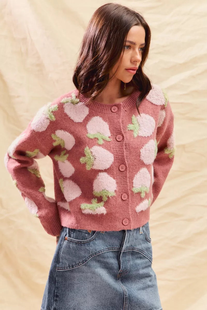 Strawberry Pattern Button-Up Cardigan