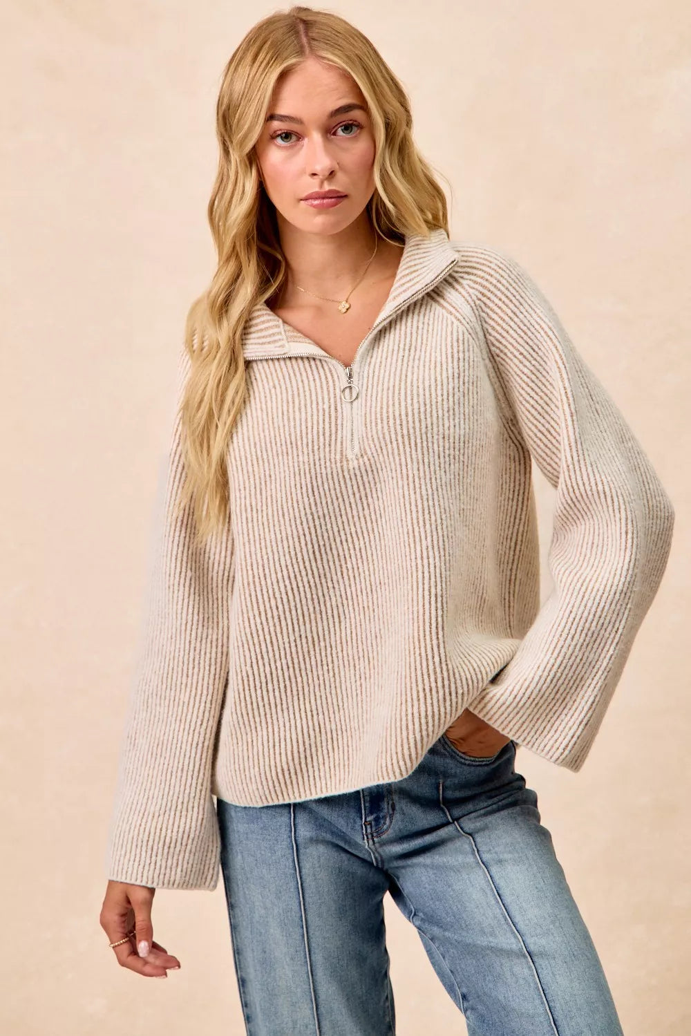 Rib Textured Knit Collared Top with Zip Up