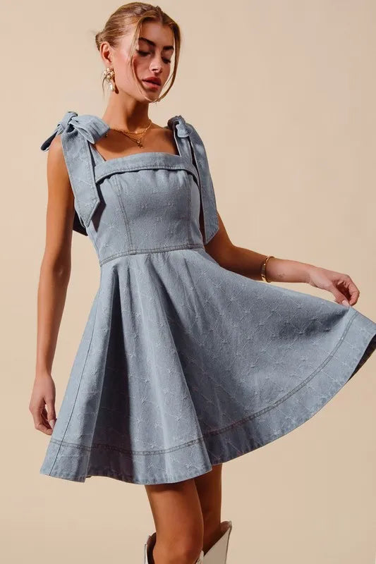 Fit and Flare Diamond Bow Ribbon Denim Dress