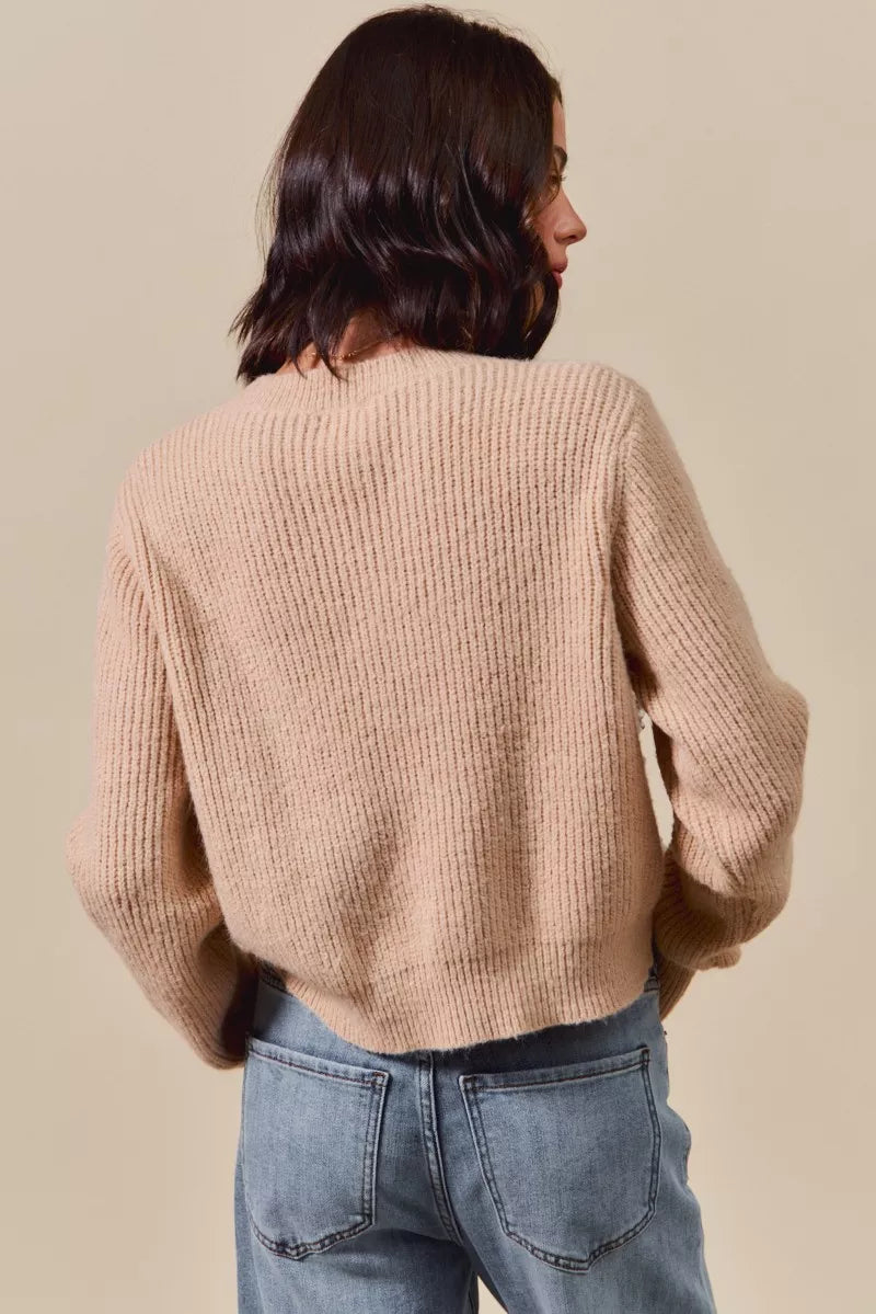 Plaid Tape Lace Up Ribbed Sweater