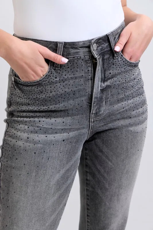 High Waist Rhinestone Straight Jeans