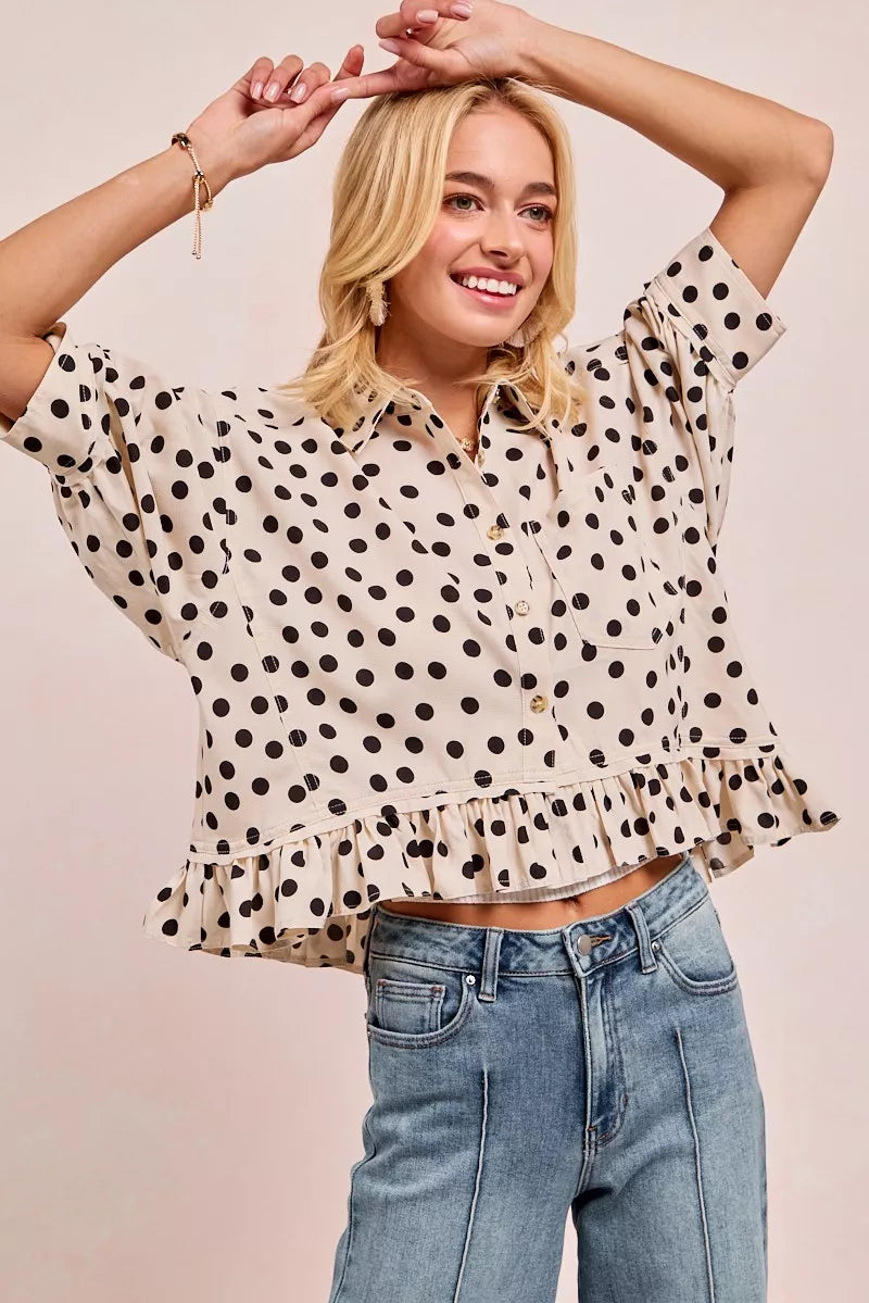 Polka Dot Peplum Top with Front Button