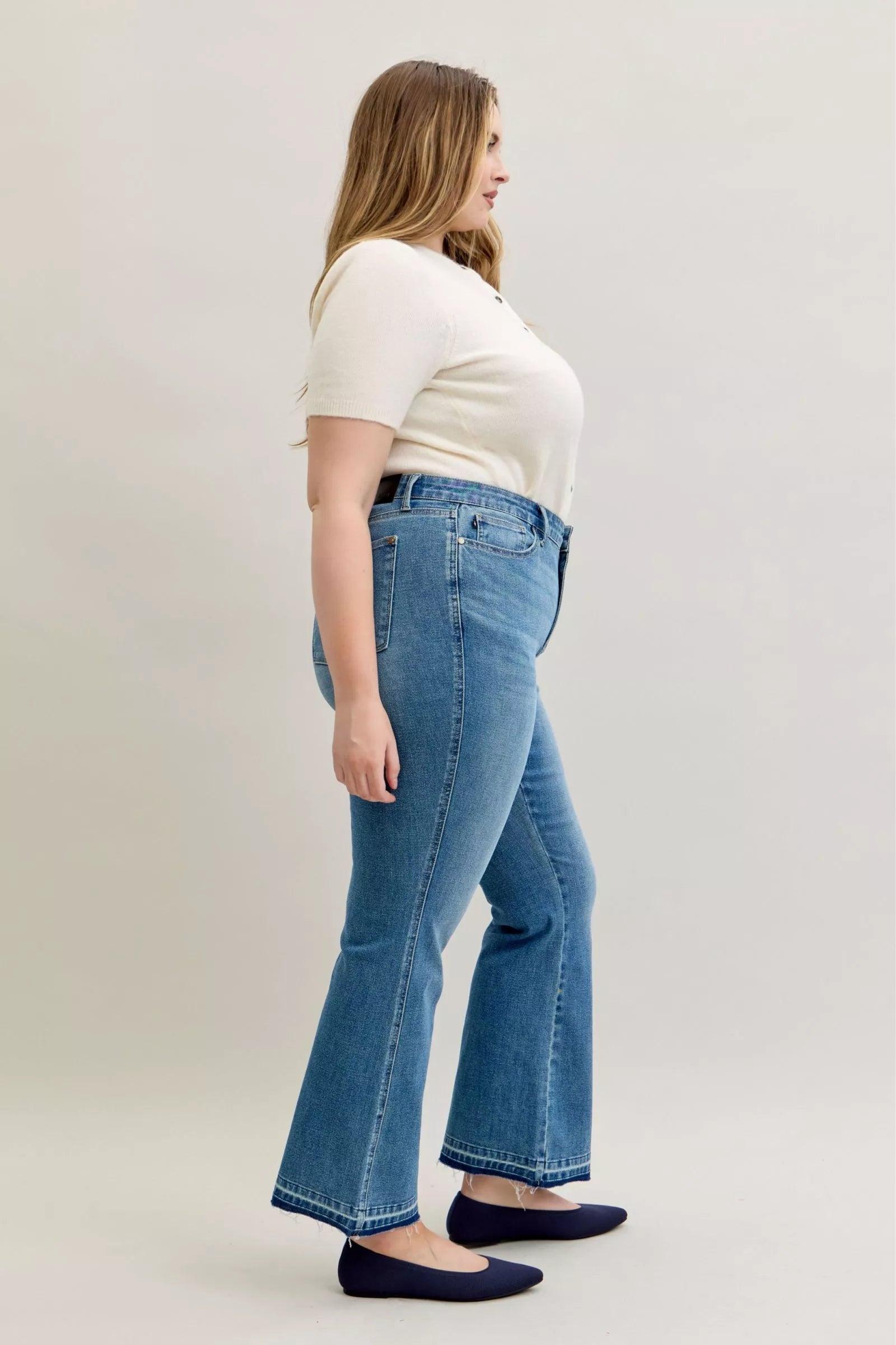 Mid Rise Slim Bootcut Tummy Control Release Hem Jeans