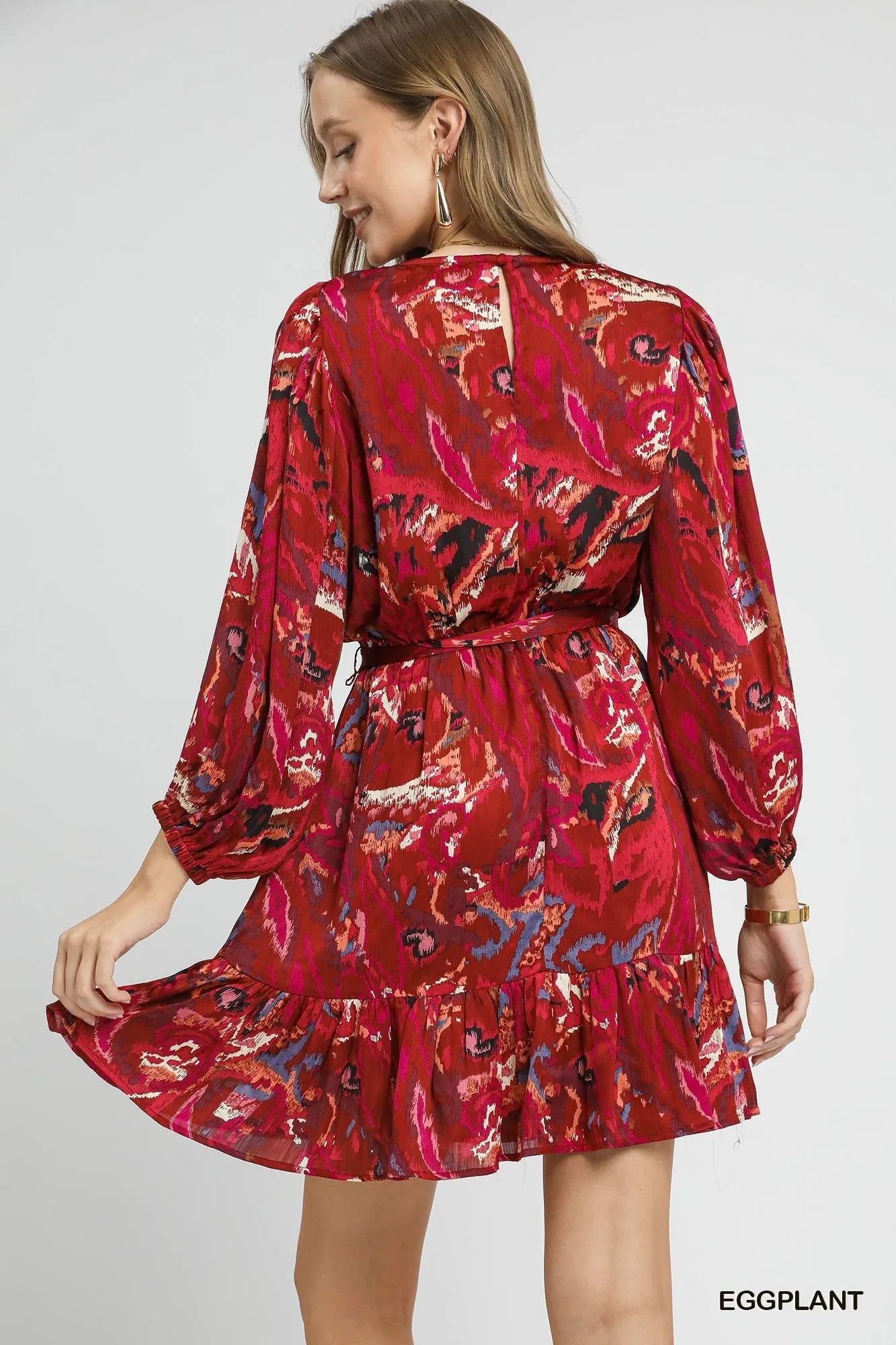 Ruffled Hem Printed Balloon Sleeve Dress