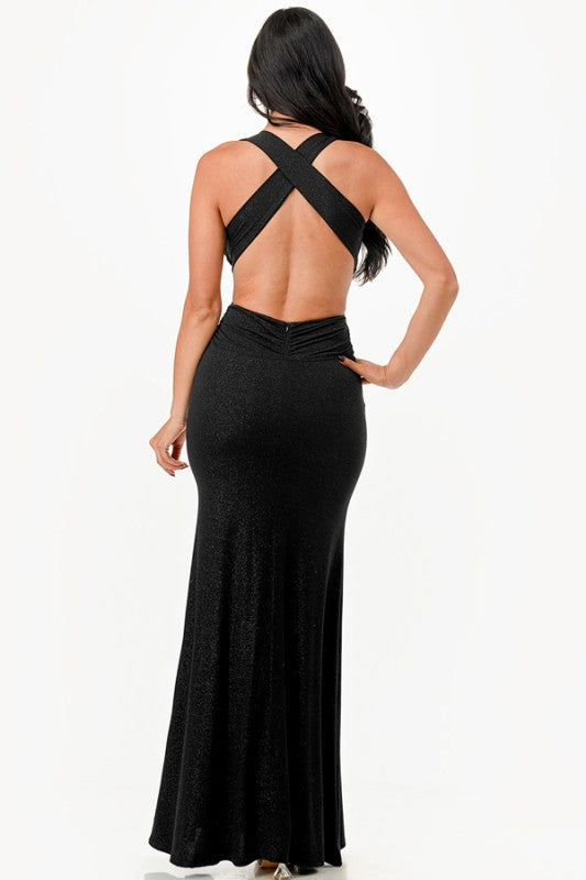 Ruched Halter Top Full Length Gown