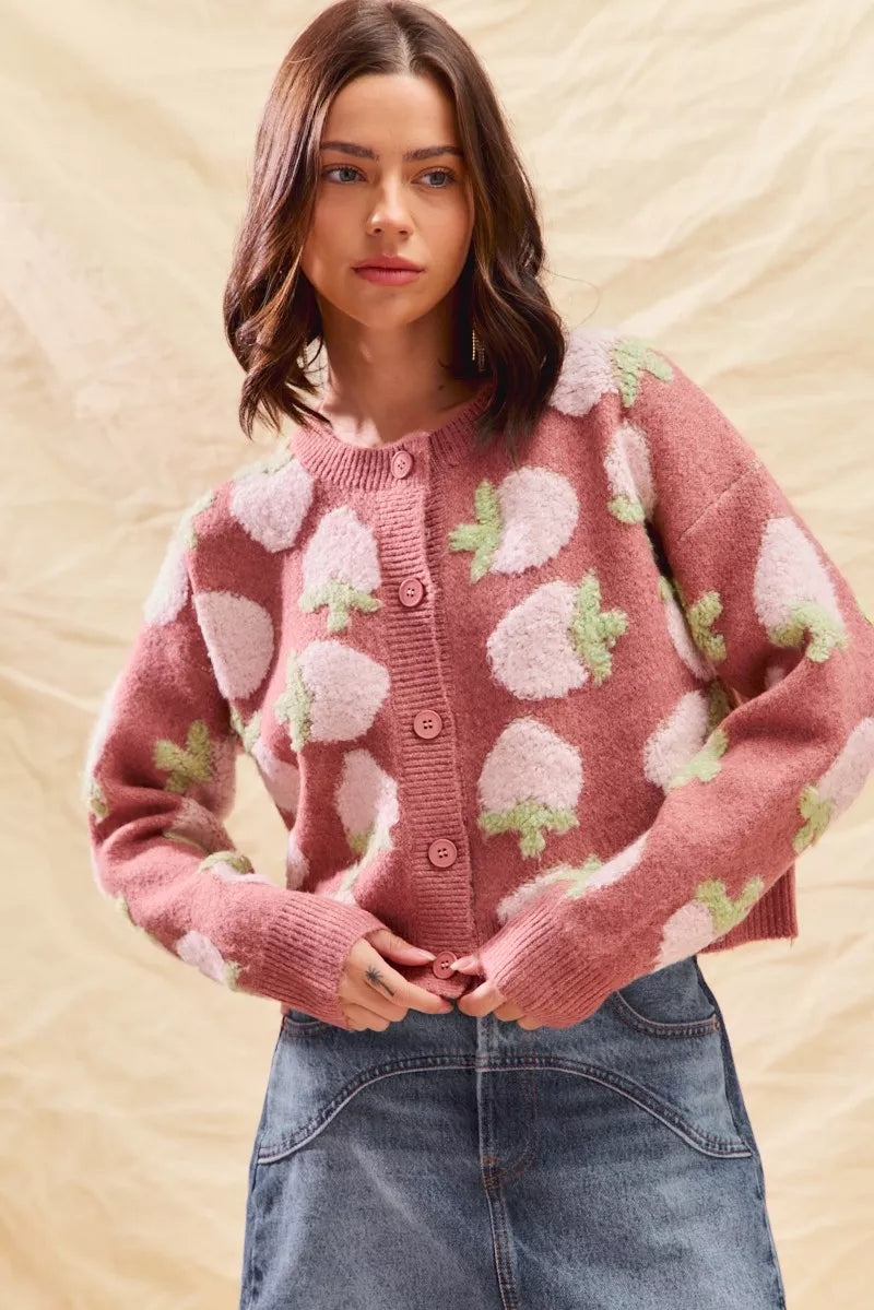 Strawberry Pattern Button-Up Cardigan