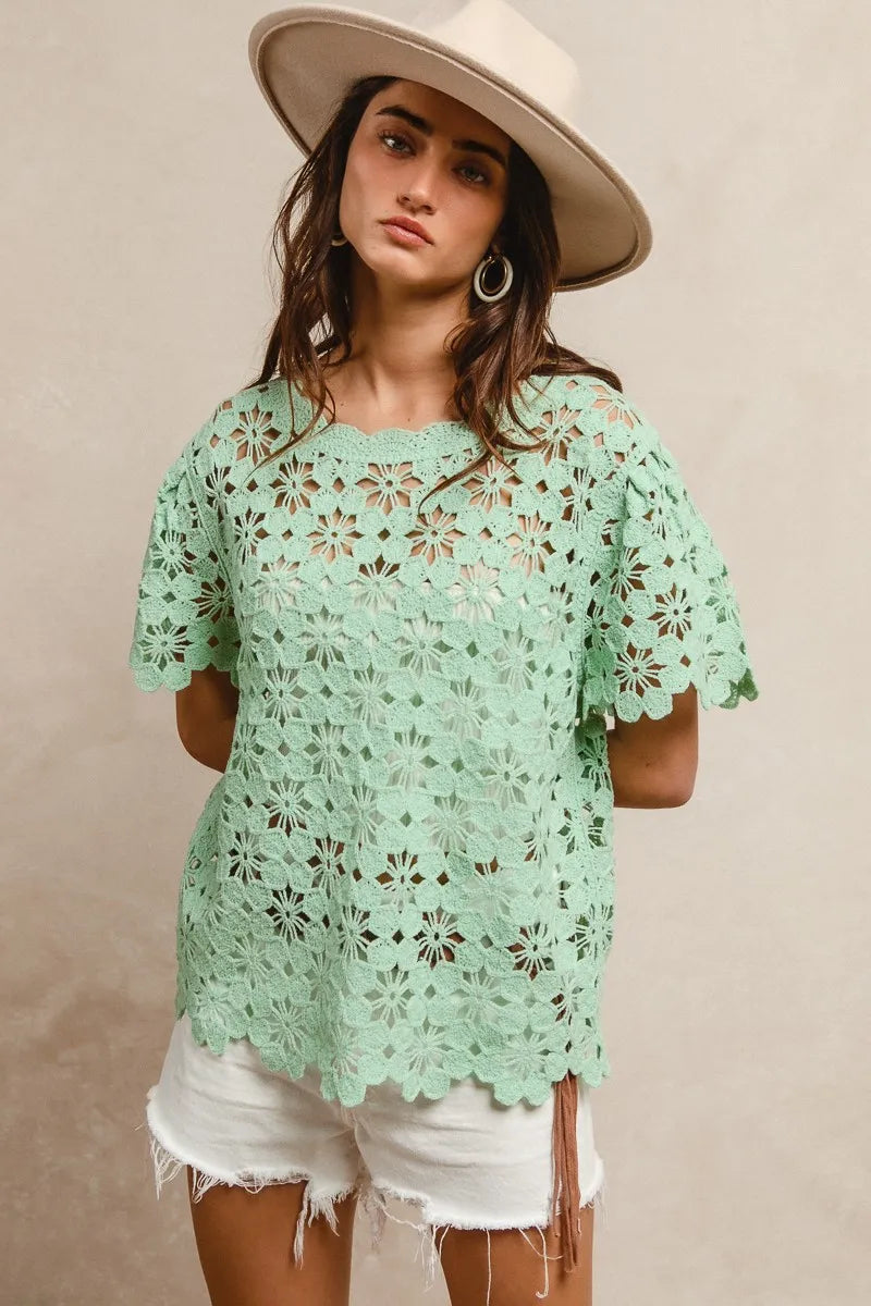 Openwork Crochet Short Sleeve Knit Top