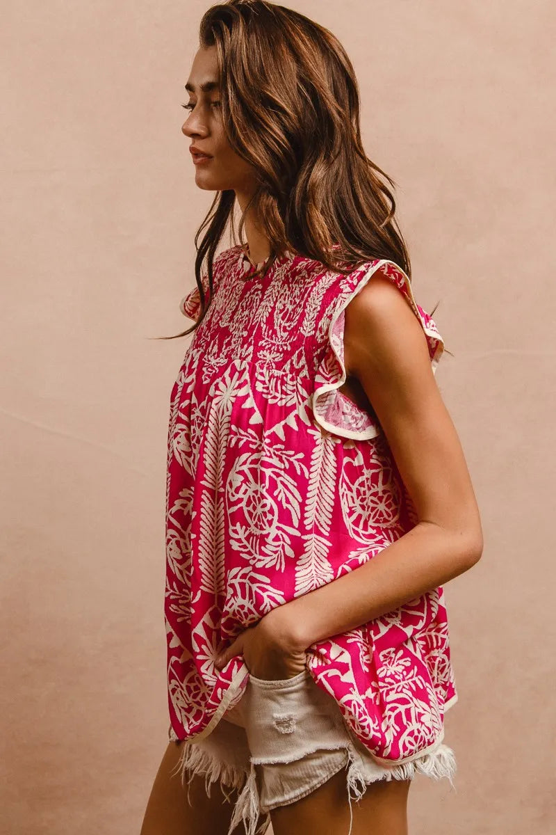 Printed Ruffle Sleeve Top