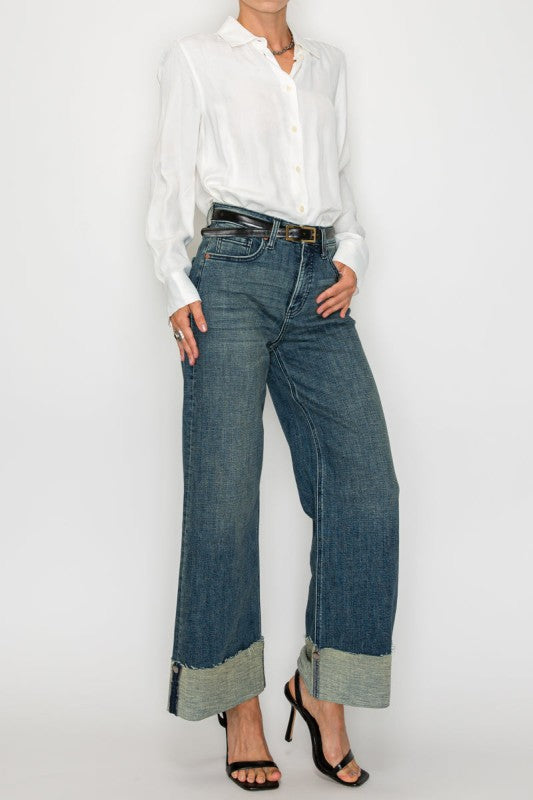TUMMY CONTROL HIGH RISE CUFFED WIDE LEG JEANS