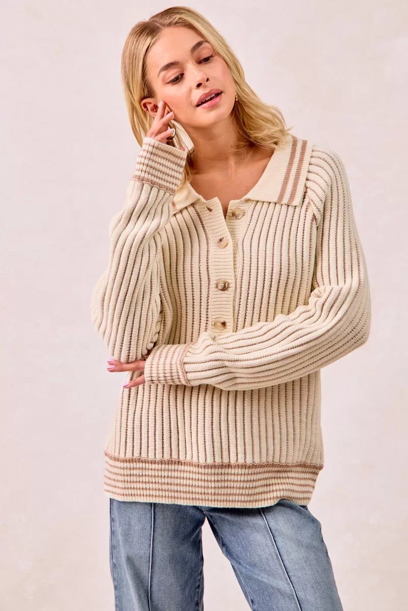 Half Button Ribbed Two Tone Sweater
