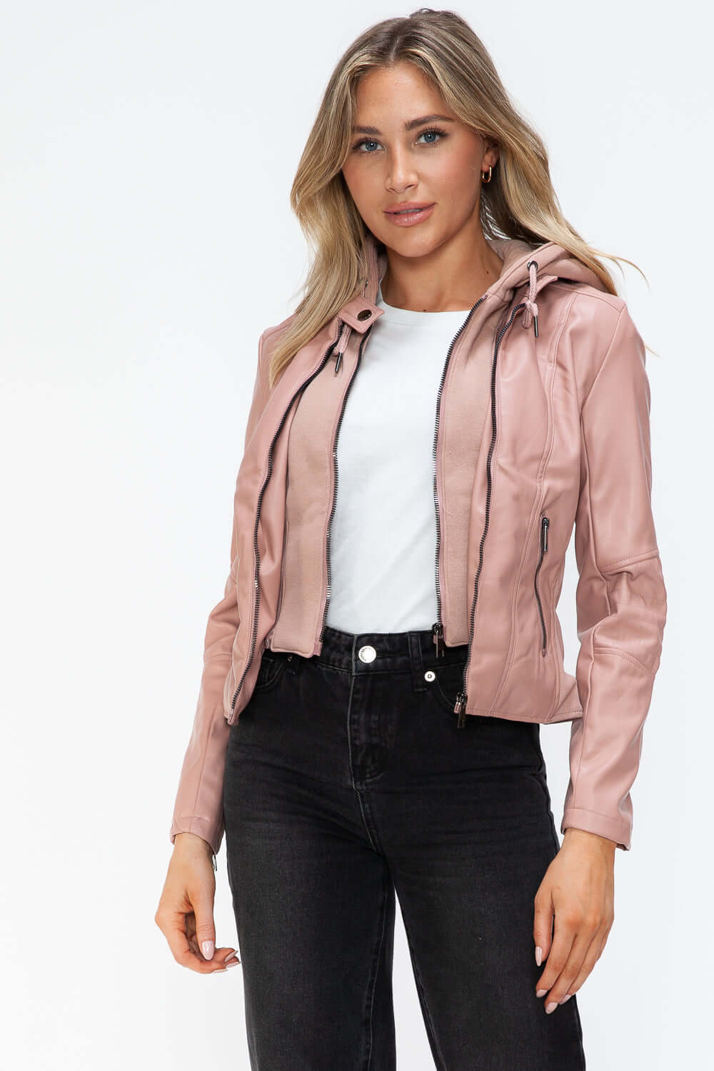 Upgrade your wardrobe with our Faux Leather Zip Up Hooded Jacket. Features a front zipper closure, long sleeves, and an adjustable drawstring hood for a casual and classy touch. Stay stylish and protect yourself from the elements with this must-have jacke