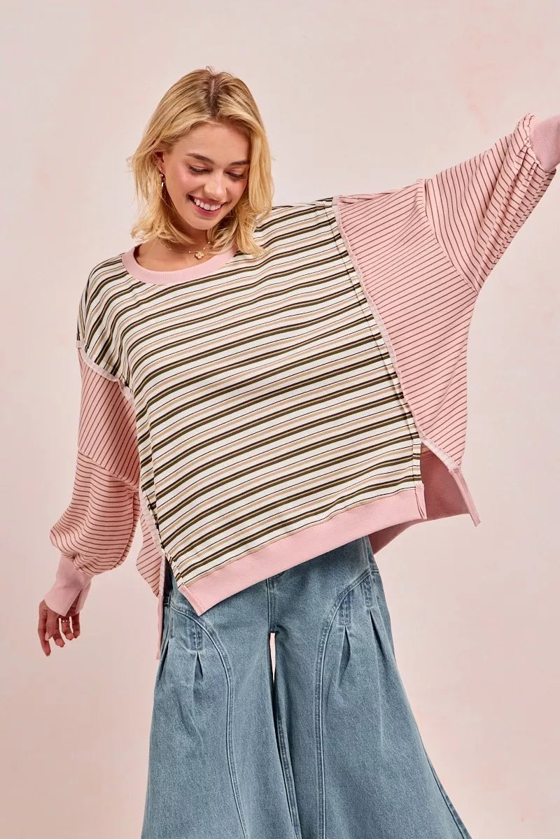 Striped Top With Cut Edge And Reverse Outseam