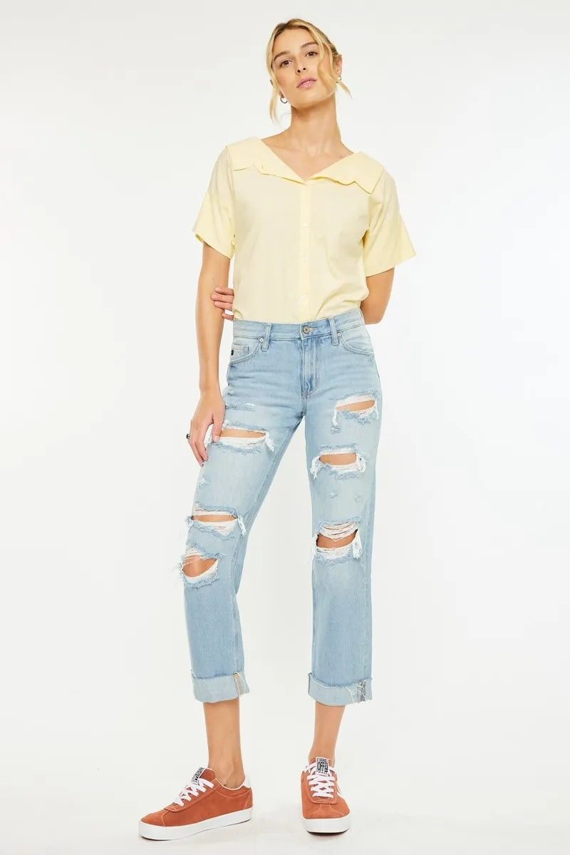 Mid Rise Distressed Boyfriend Jeans