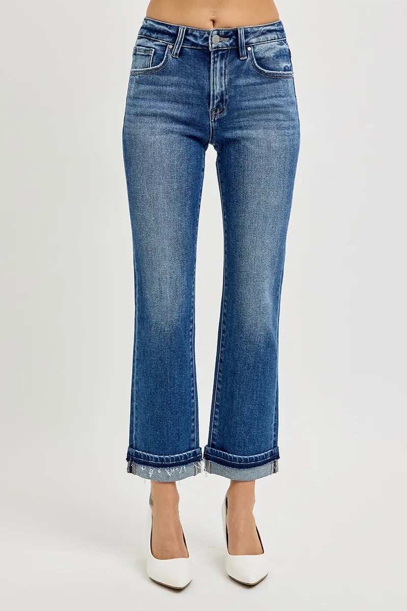 Mid Rise Ankle Straight Cuffed Jeans
