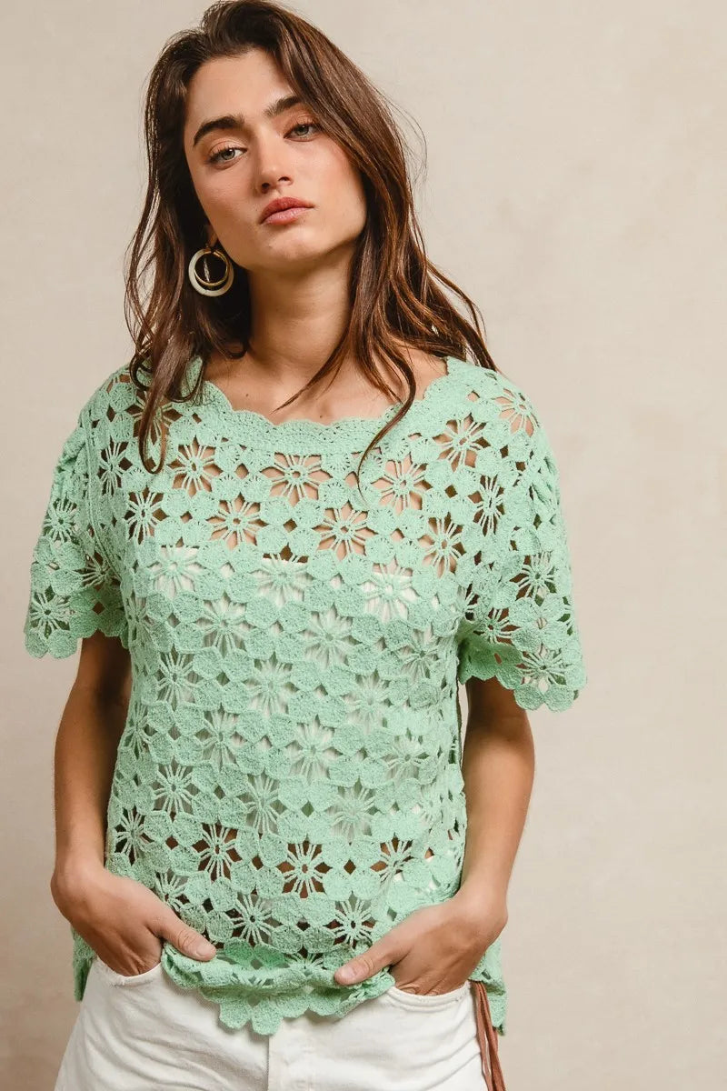 Openwork Crochet Short Sleeve Knit Top