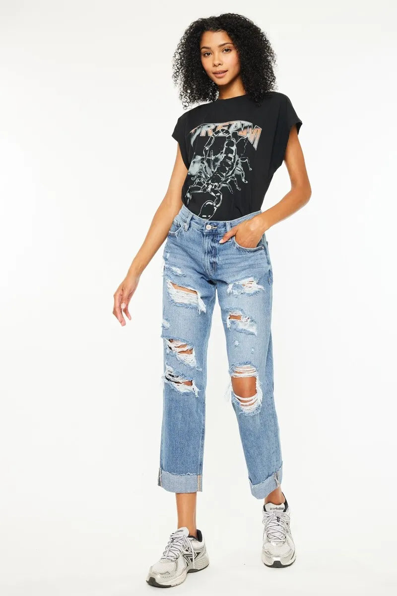 Mid Rise Distressed Boyfriend Fit Jeans