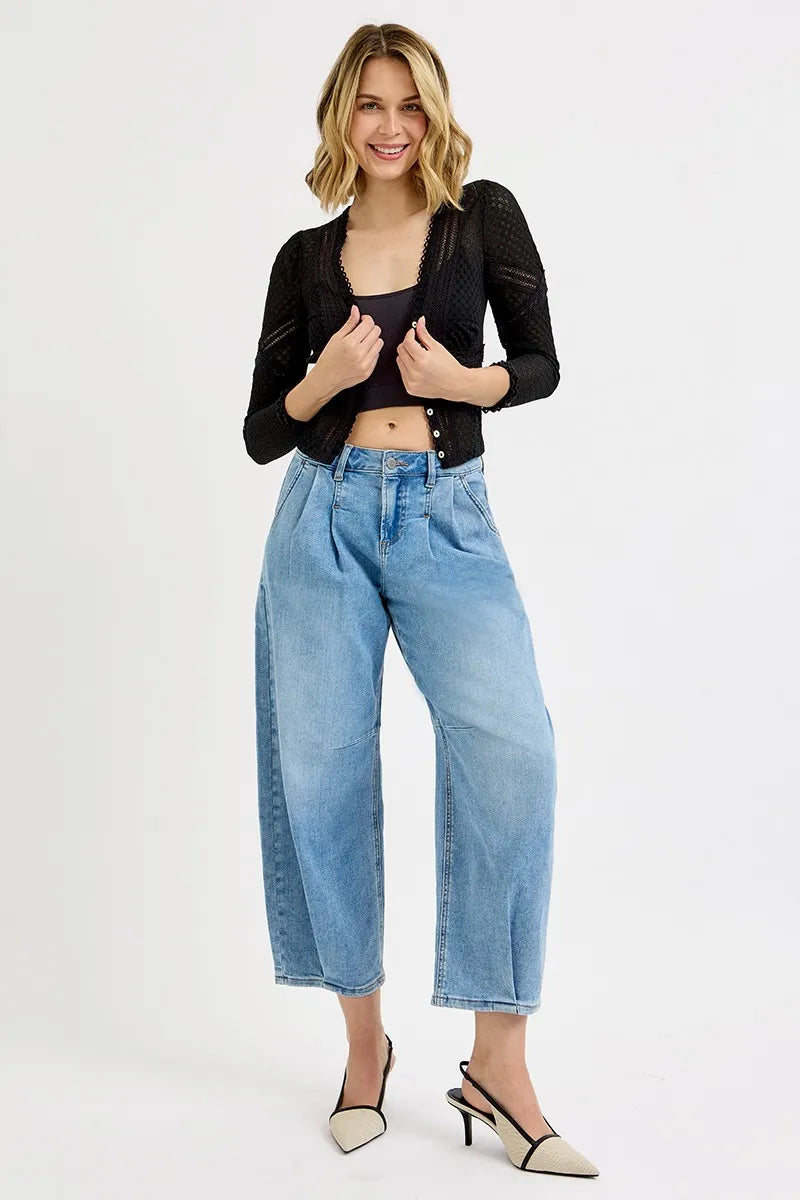 Mid Rise Fit Crop Wide Volume Leg Jeans