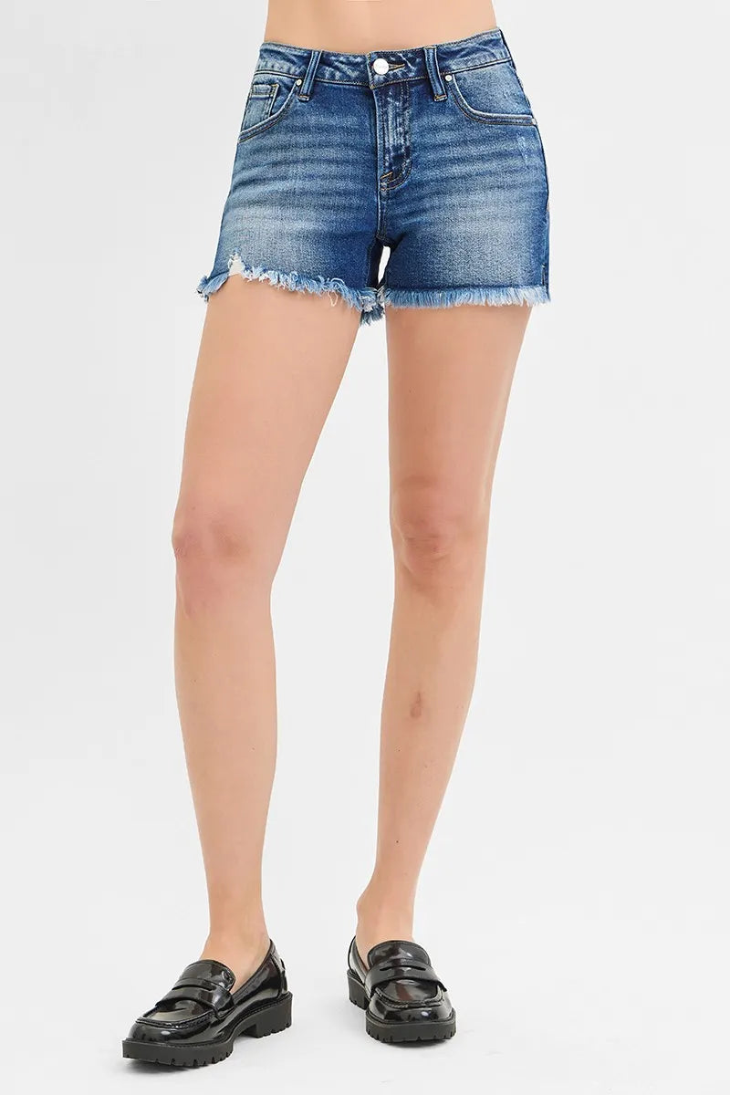 Mid Rise Frayed Denim Shorts