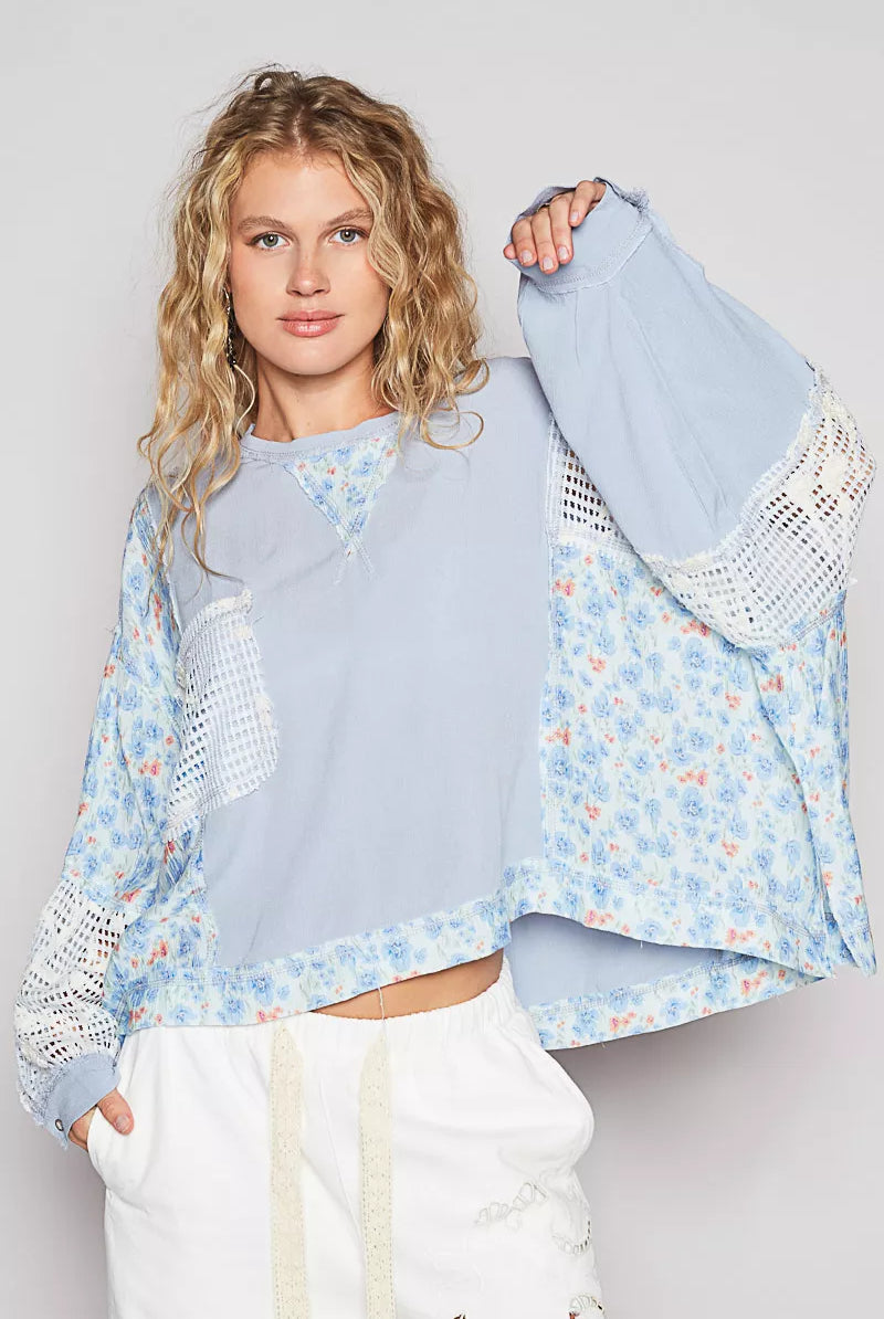 Cropped Gauze Floral Pattern Top