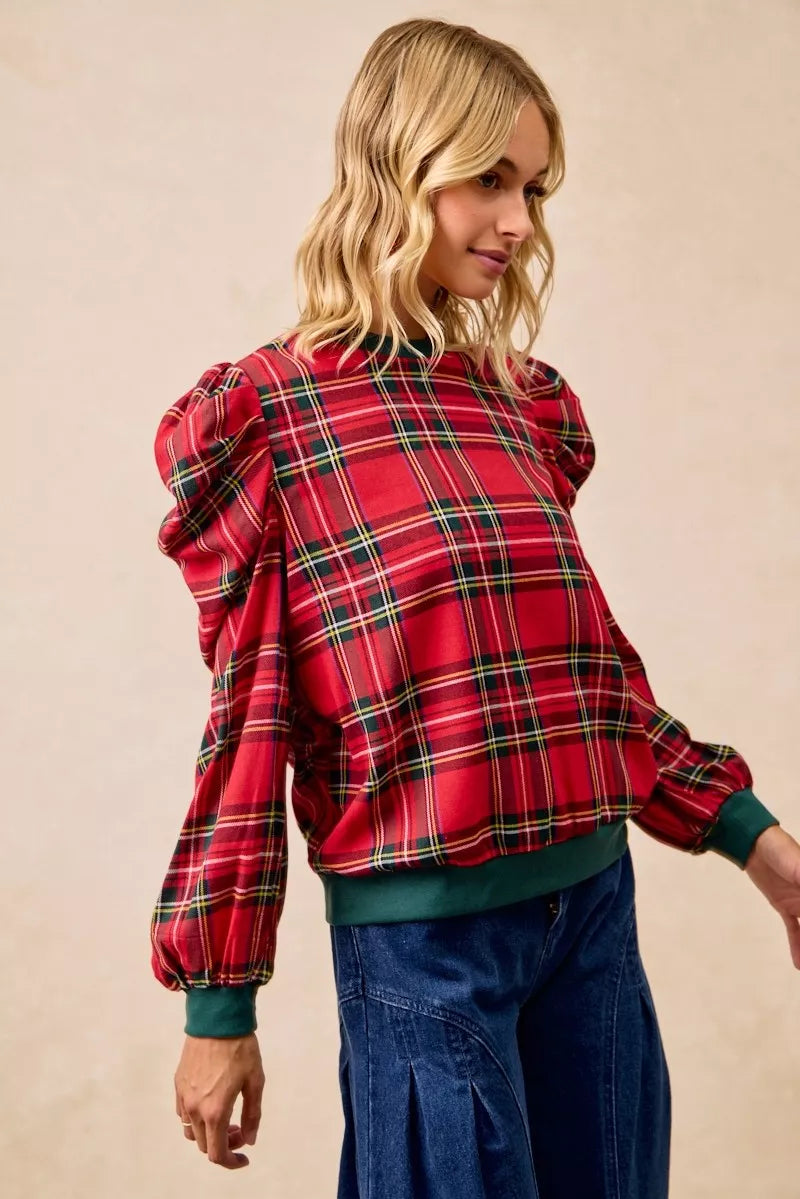 Plaid Exaggerated Shoulder Top