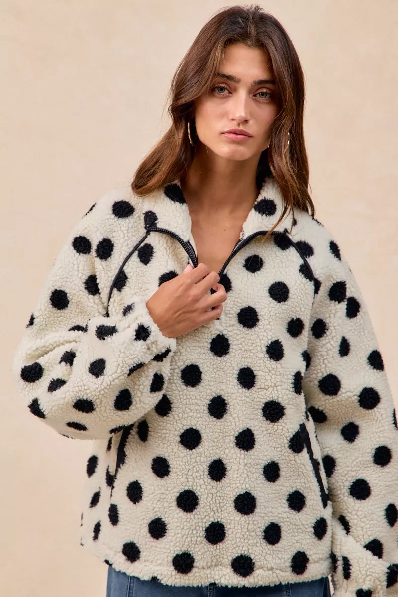 Polka Dot Sherpa Half Zip Up Top