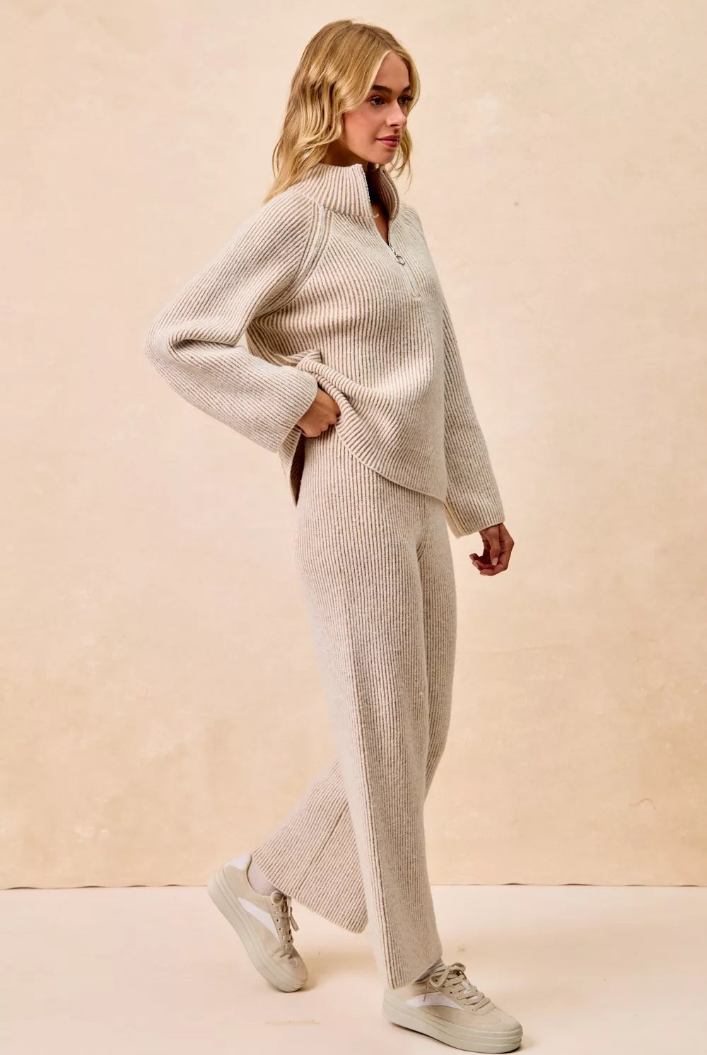 Rib Textured Knit Collared Top with Zip Up