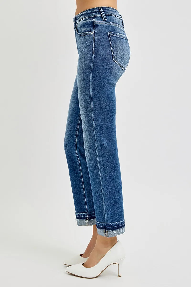 Mid Rise Ankle Straight Cuffed Jeans