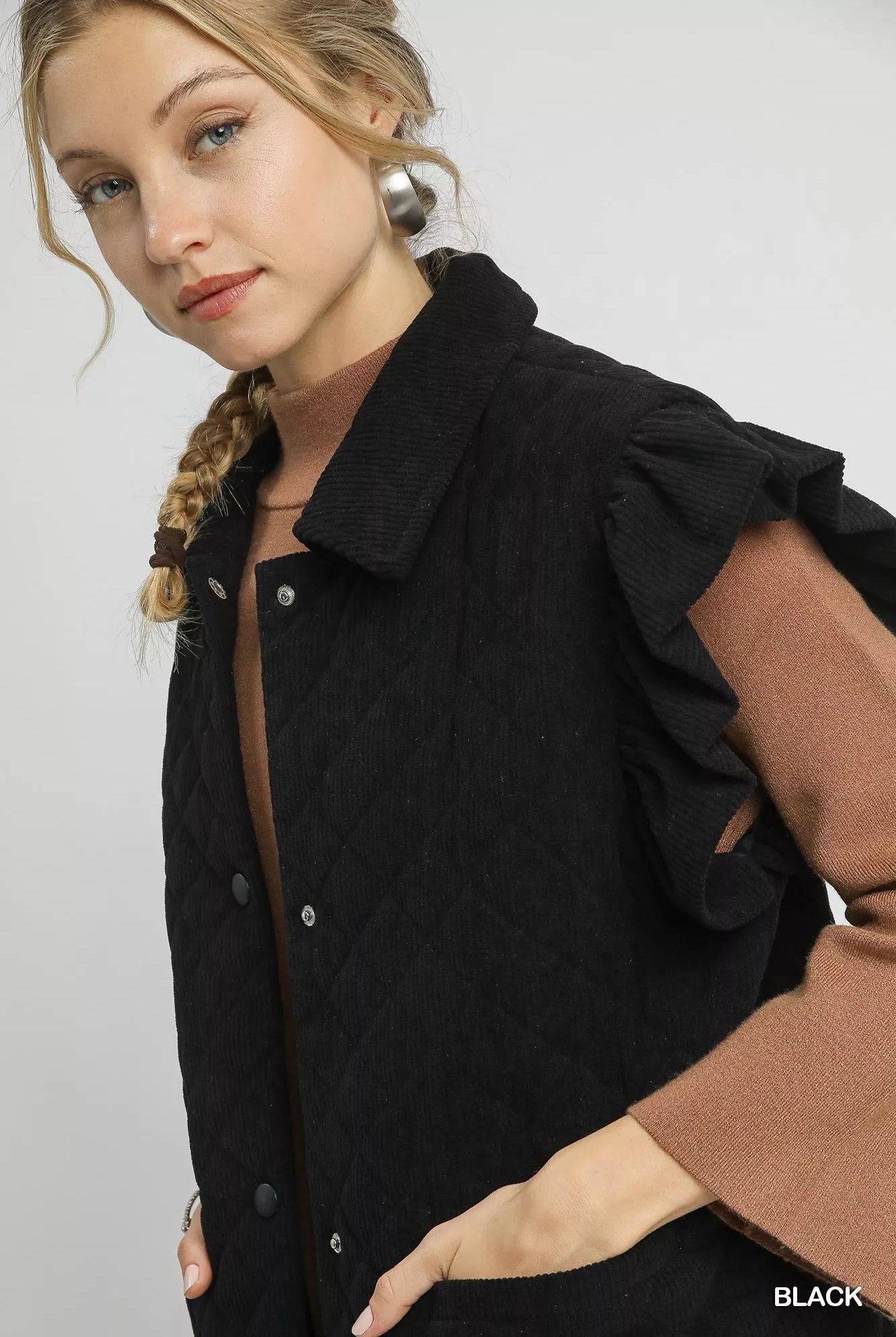 Corduroy Quilted Ruffle Sleeve Vest