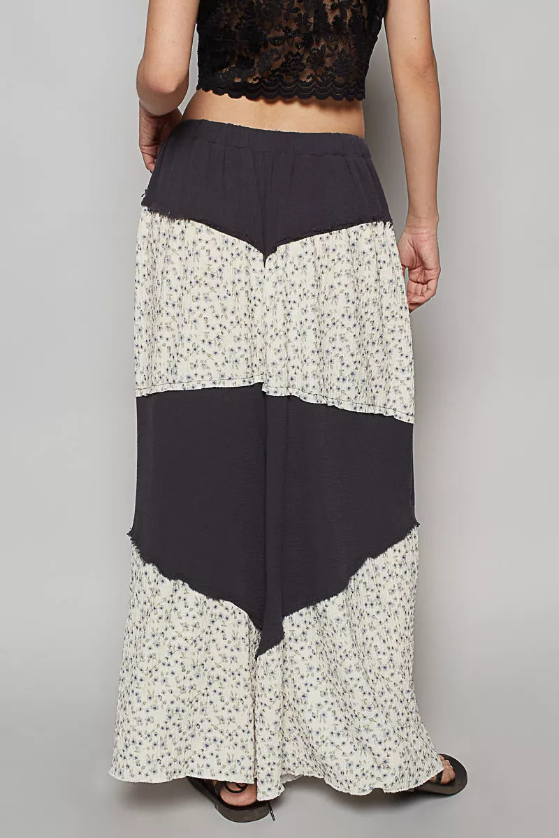 Contrast Floral Drawstring Wide Leg Pants