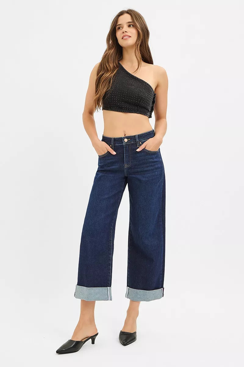 Mid Rise Fit Ankle Wide Roll Up Jeans