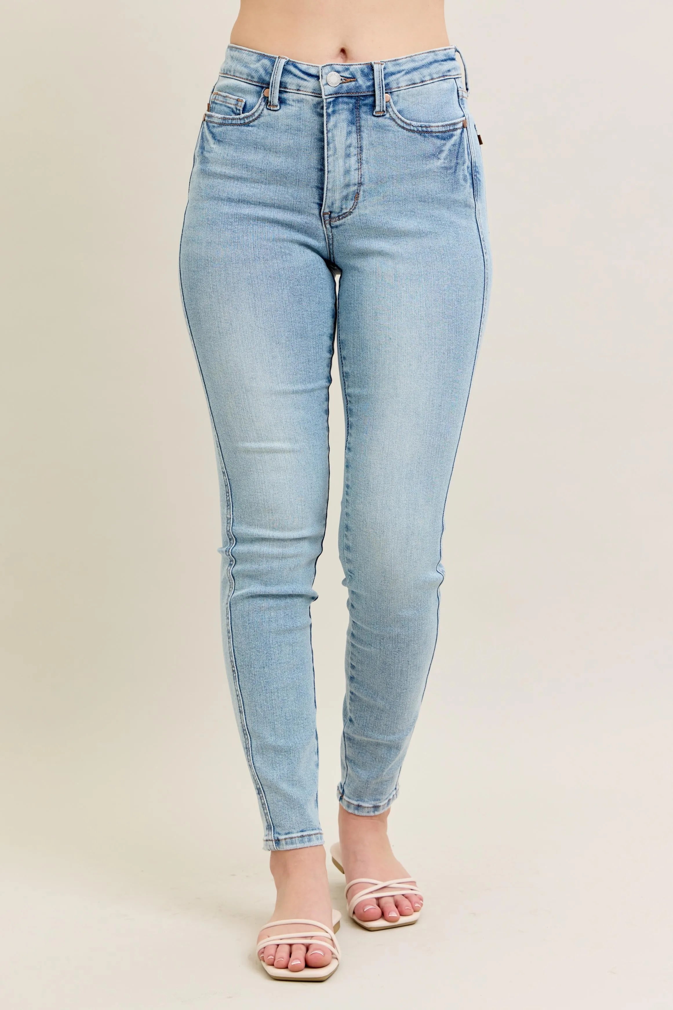 Mid Rise Tummy Control Vintage Wash Skinny Jeans