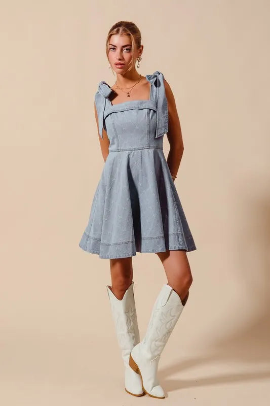 Fit and Flare Diamond Bow Ribbon Denim Dress