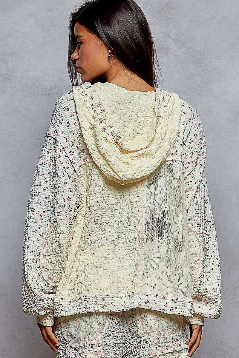 Floral Balloon Sleeve Hooded Lace Jacket
