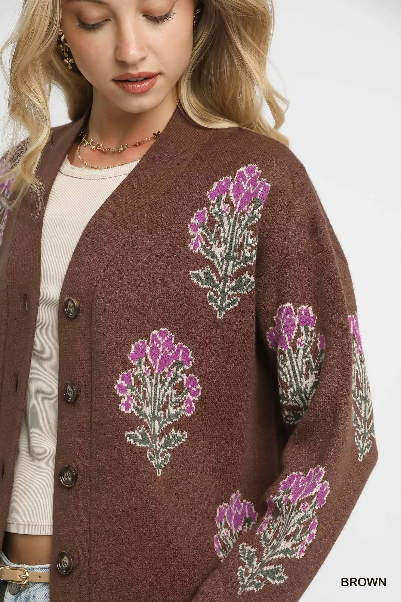 Single Flower Stem Jacquard Cardigan