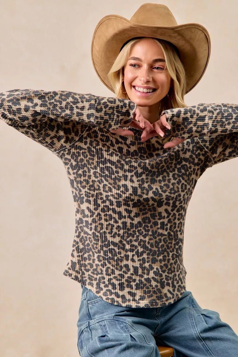 Leopard Print Washed Waffle Thermal Top