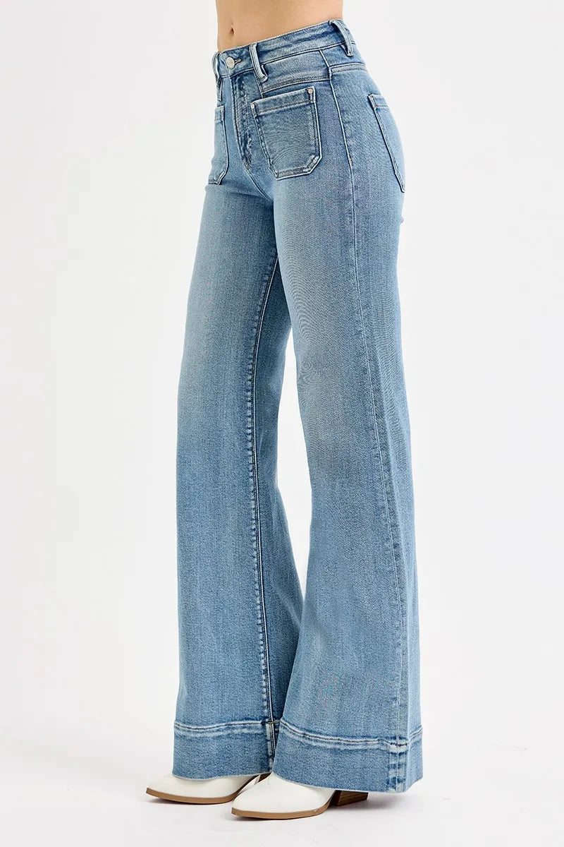High Rise Wide Flare Patch Pocket Jeans
