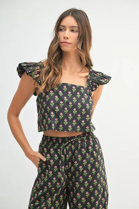 Floral Print Ruffle Top and Pants Set