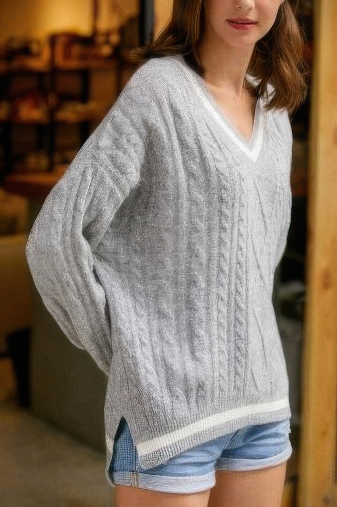 Two-Tone Knit V-Neck Sweater