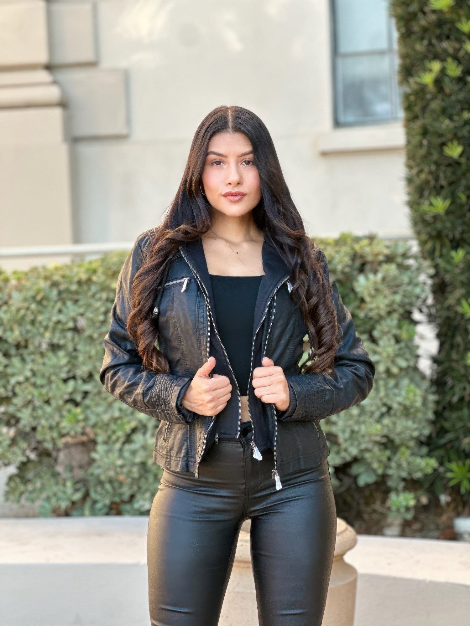 Hooded Faux Leather Jacket